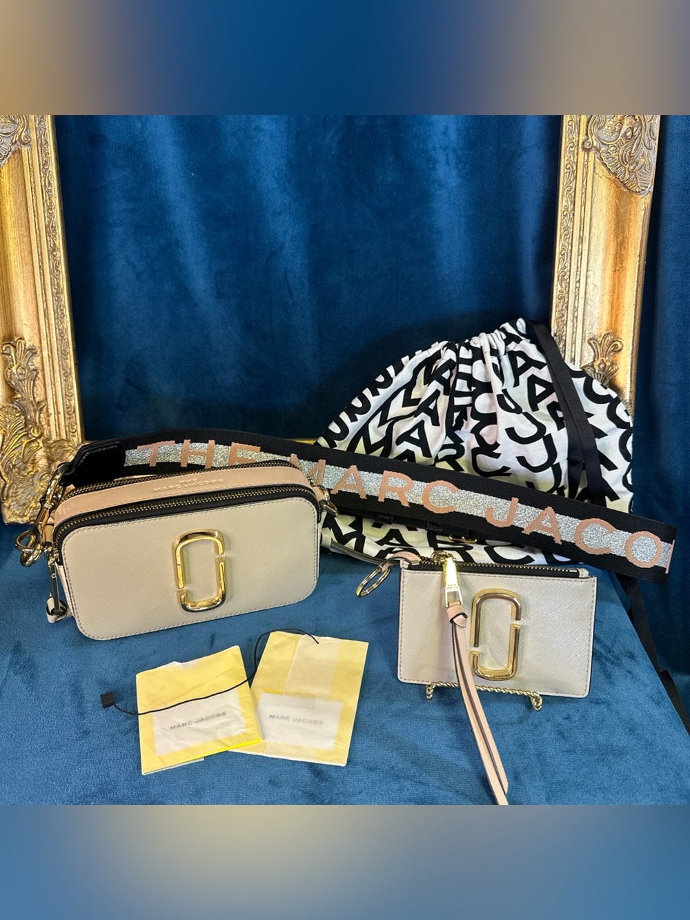 Marc Jacobs Snapshot Crossbody Bag w/ Sparkle Strap Matching Wallet Dust bag Pnk